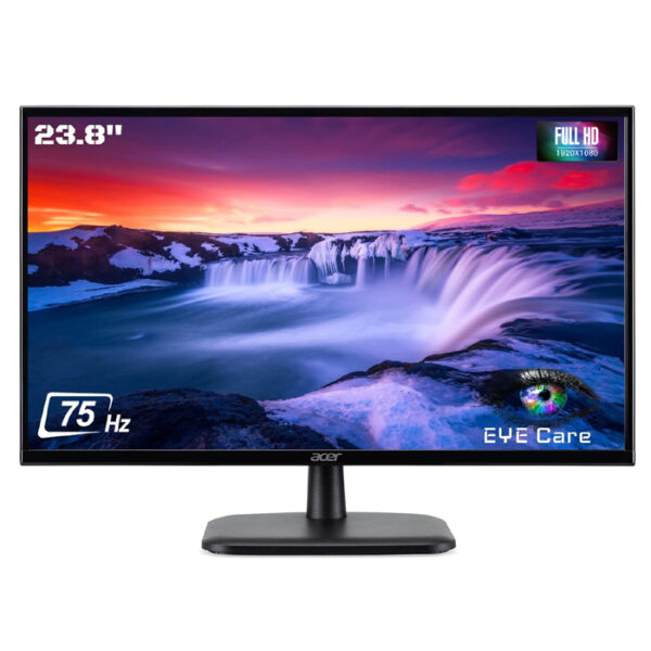 شاشة Acer EK240Y Cbi – مقاس 23.8 بوصة، لوحة VA، دقة Full HD، زمن استجابة 5 مللي ثانية، منافذ VGA + HDMI، سماعات مدمجة 2 واط ×2