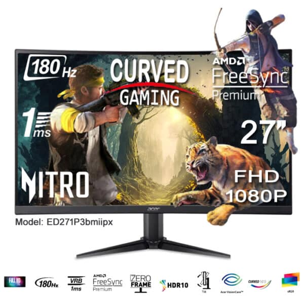 شاشة الألعاب أيسر ED271P3bmiipx منحنية مقاس 27 بوصة بدقة فل إتش دي، لوحة VA، بتردد 180 هرتز، وزمن استجابة 1 مللي ثانية، مزودة بمنفذي HDMI ومنفذ Displa