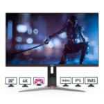 AOC U28G2X/D 28" 4K UHD Gaming Monitor – IPS Panel, 144Hz Refresh Rate, 1ms Response Time, Adaptive Sync, HDR400, HDMI + DisplayPort, Frameless Design, Black