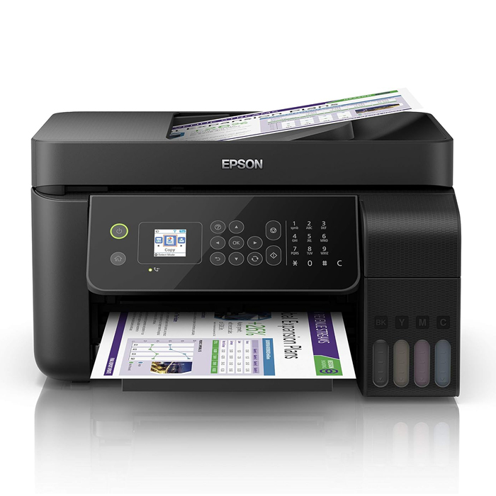 042432350007 طابعة Epson EcoTank L5190 متعددة الوظائف – طابعة نفث حبر ملونة مع خزانات حبر قابلة لإعادة التعبئة، طباعة، نسخ، مسح ضوئي، اتصال Wi-Fi و Ethernet، جودة عالية، تصميم مدمج، أسود - الصورة 1