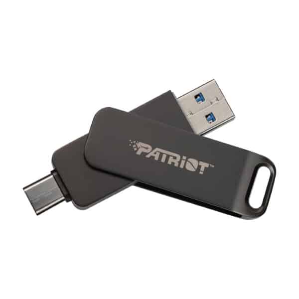 فلاشة باتريوت Rage R550 بسعة 64 جيجابايت، USB 3.2 Gen 1 (ثنائية الواجهة A + C، تصميم متأرجح، لون Dark Shadow)
