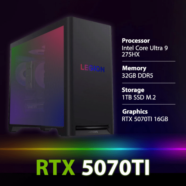 Lenovo Legion T5 30IAX10 Gaming PC Intel Core Ultra 9-275HX CPU, 32GB RAM, 1TB SSD M.2, NVIDIA GeForce RTX 5070 TI 16GB GPU, Wi-Fi, Free DOS - Eclipse Black