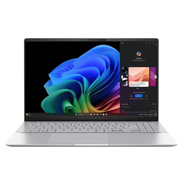 لابتوب ASUS Vivobook S5507QA – معالج Snapdragon X Plus، وحدة NPU تصل إلى 45 TOPS، ذاكرة 16 جيجابايت RAM، قرص 1 تيرابايت M.2 SSD، رسومات Qualcomm Adreno، شاشة OLED مقاس 15.6 بوصة بدقة 3K، لوحة مفاتيح مضيئة RGB، زر Copilot، Windows 11 Home، لون Cool Silver