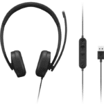 Lenovo USB-A Wired Stereo Headset for PC & Laptop – AI Noise Cancellation via App, Lightweight 140g, Replaceable Earcups, Dual-Sided Boom Microphone, In-Line Mute Controls, Compatible with Microsoft Teams & Zoom
