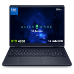 لابتوب الألعاب ديل ألين وير 16 أورورا – معالج Intel Core 7-240H، ذاكرة 16 جيجابايت RAM، قرص 1 تيرابايت M.2 SSD، بطاقة رسومات NVIDIA GeForce RTX 4050 بسعة 6 جيجابايت، شاشة 16 بوصة QHD بدقة 2560×1600 وتردد 120Hz، تغطية 100% sRGB، تقنية ComfortView Plus، دعم G-SYNC، لوحة مفاتيح بإضاءة خلفية بيضاء، نظام Free DOS، اللون Interstellar Indigo