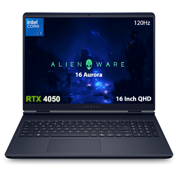لابتوب الألعاب ديل ألين وير 16 أورورا – معالج Intel Core 7-240H، ذاكرة 16 جيجابايت RAM، قرص 1 تيرابايت M.2 SSD، بطاقة رسومات NVIDIA GeForce RTX 4050 بسعة 6 جيجابايت، شاشة 16 بوصة QHD بدقة 2560×1600 وتردد 120Hz، تغطية 100% sRGB، تقنية ComfortView Plus، دعم G-SYNC، لوحة مفاتيح بإضاءة خلفية بيضاء، نظام Free DOS، اللون Interstellar Indigo